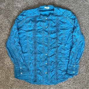 Sundance Vintage-Inspired Blue Teal Eyelet Button-Up Shirt Blouse Women’s Large